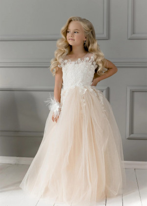 Ivory Lace Champagne Glitter Tulle Flower Girl Dress